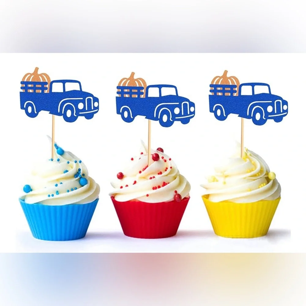 24 Pack Pumpkin Truck Cupcake Toppers – Fall Birthday Party